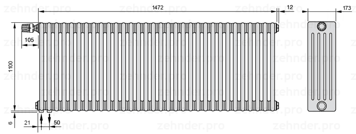 Схема (чертеж) Радиатор Zehnder Charleston 5110/32 №V001 Белый глянцевый RAL 9016
